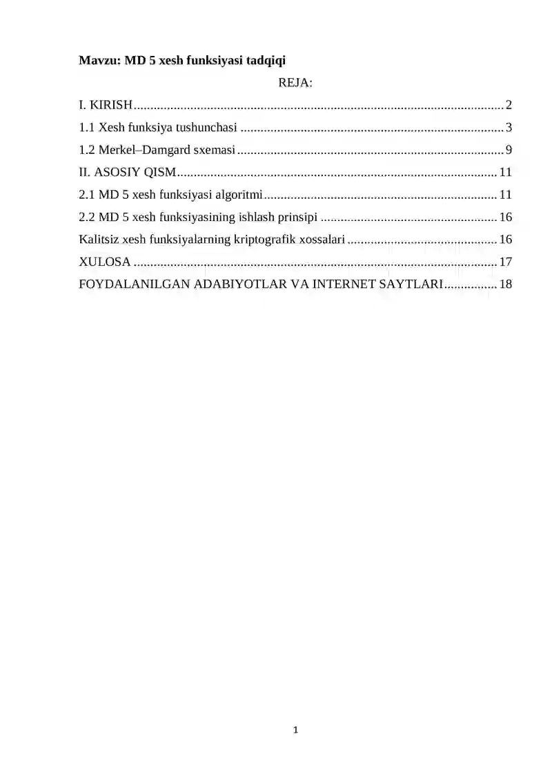 MD 5 xesh funksiyasi tadqiqi