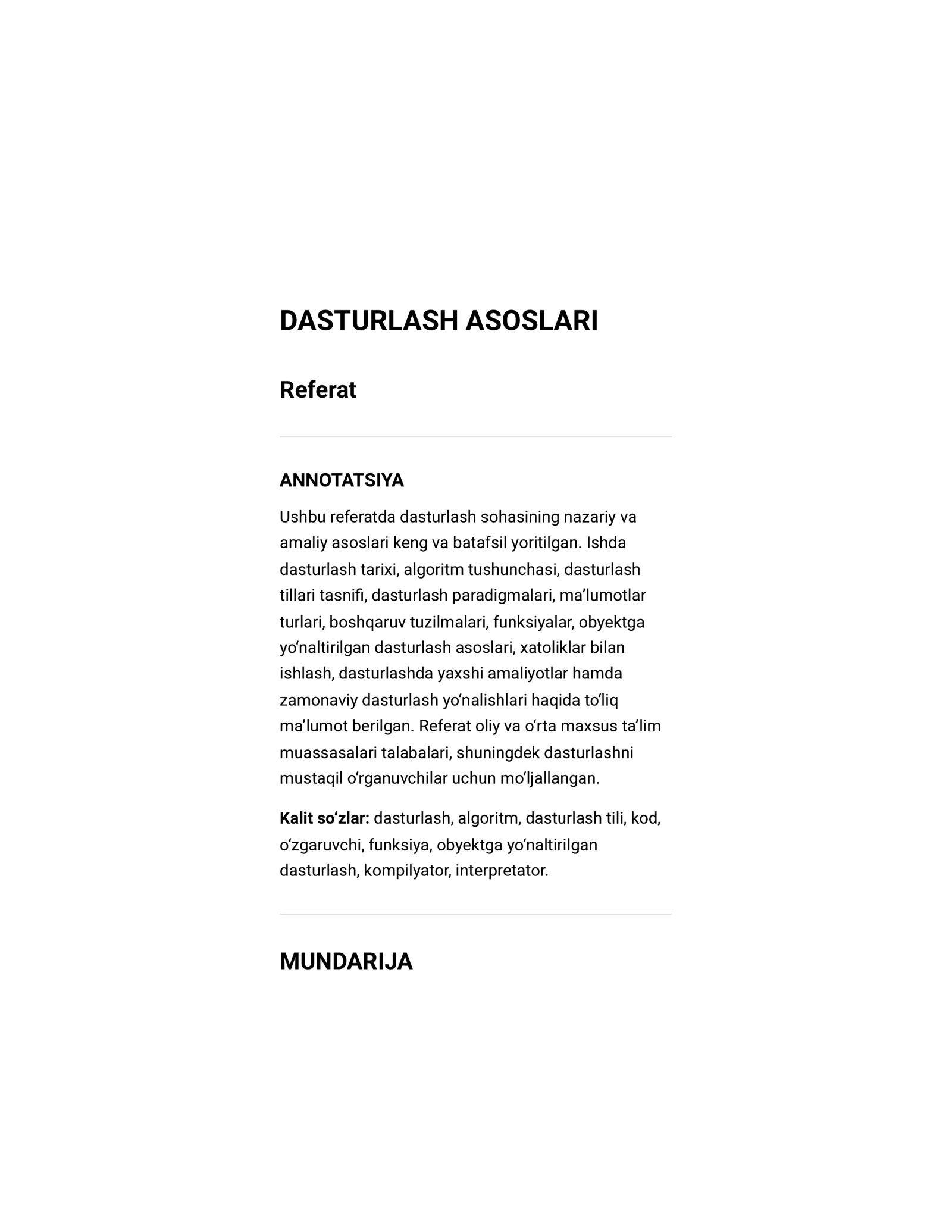 Referat dasturlash asoslari