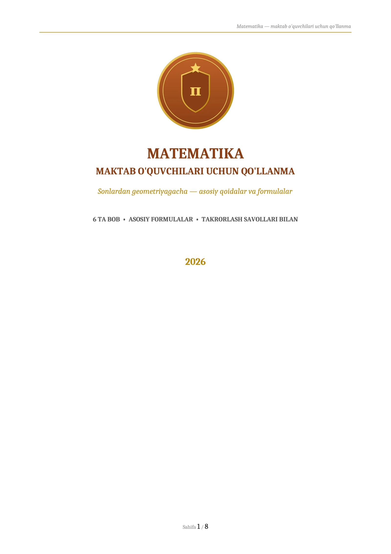 MATEMATIKA
MAKTAB O'QUVCHILARI UCHUN QO'LLANMA