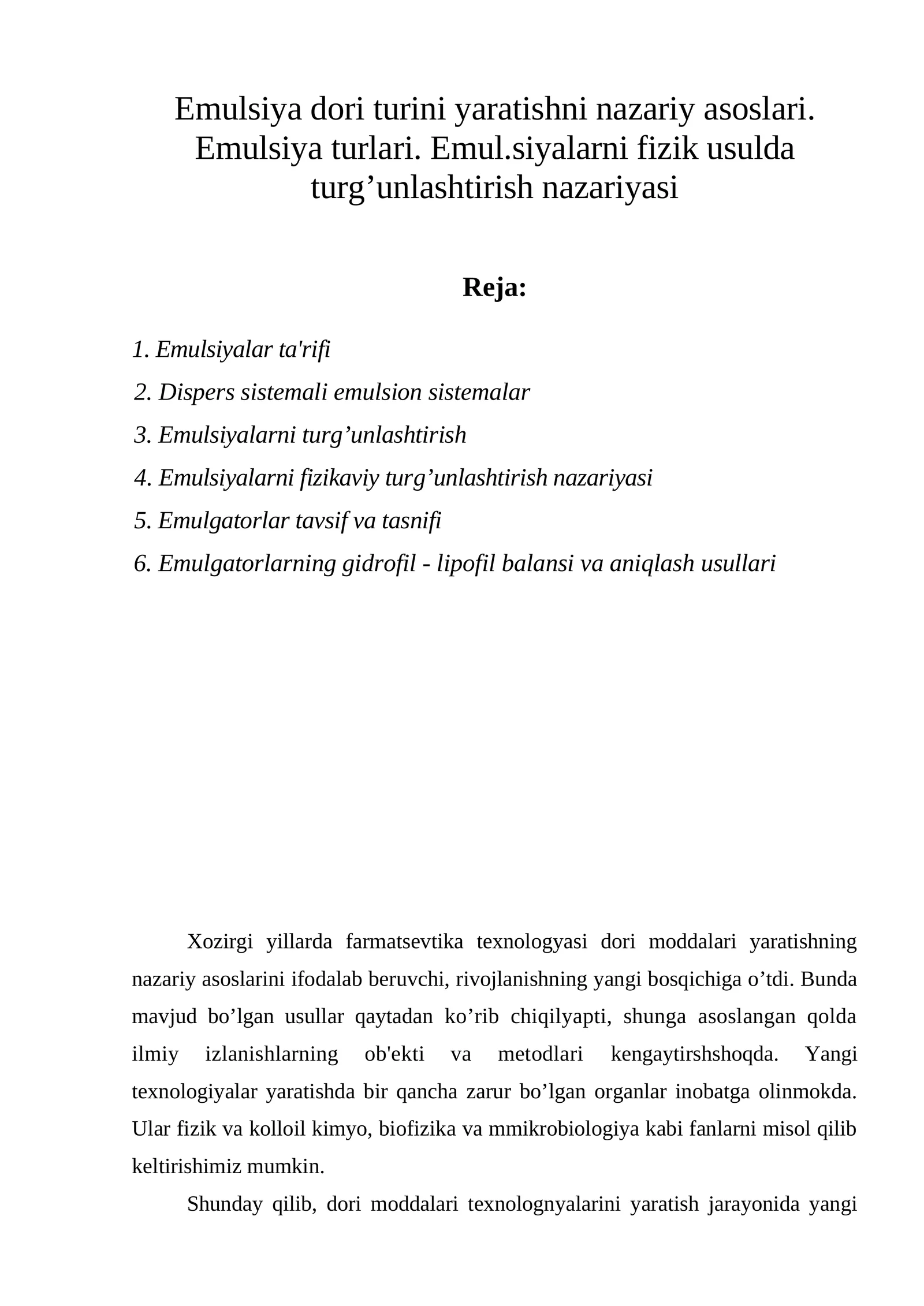 Emulsiyalar tuzilishi va turg'unlashtirilishi