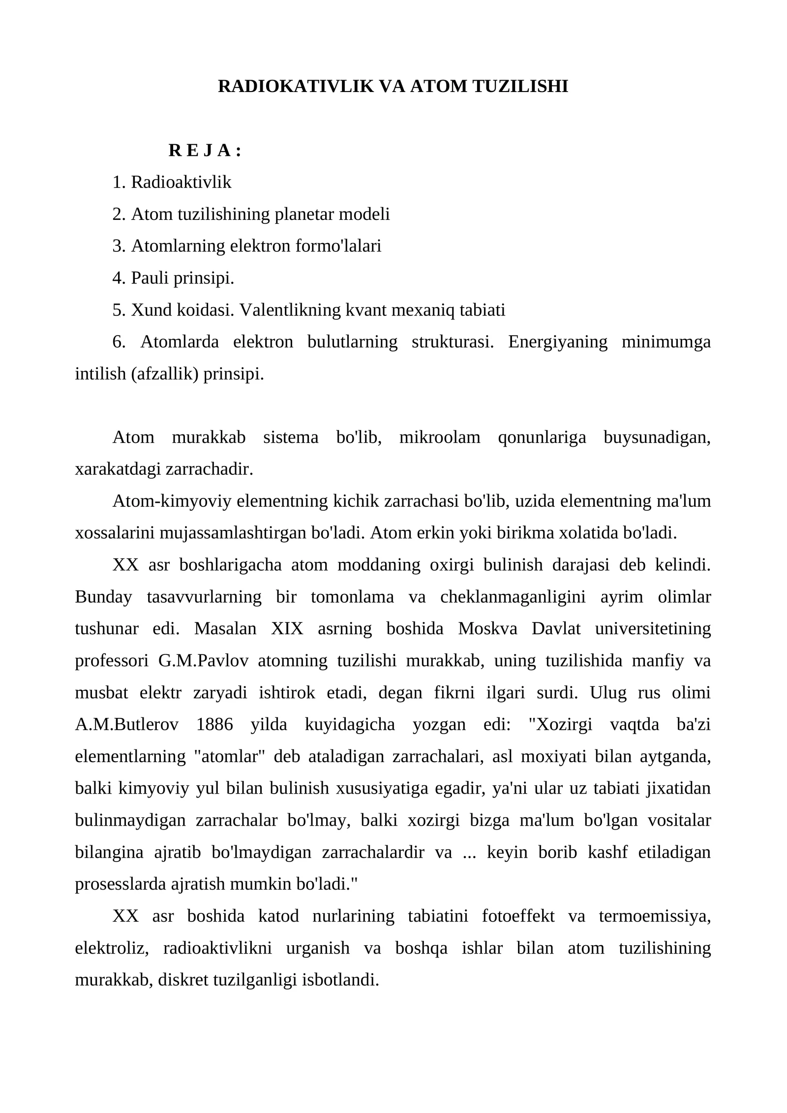 RADIOKATIVLIK VA ATOM TUZILISHI