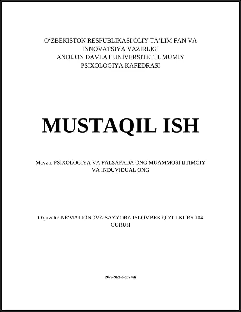 PSIXOLOGIYA VA FALSAFADA ONG MUAMMOSI IJTIMOIY VA INDUVIDUAL ONG